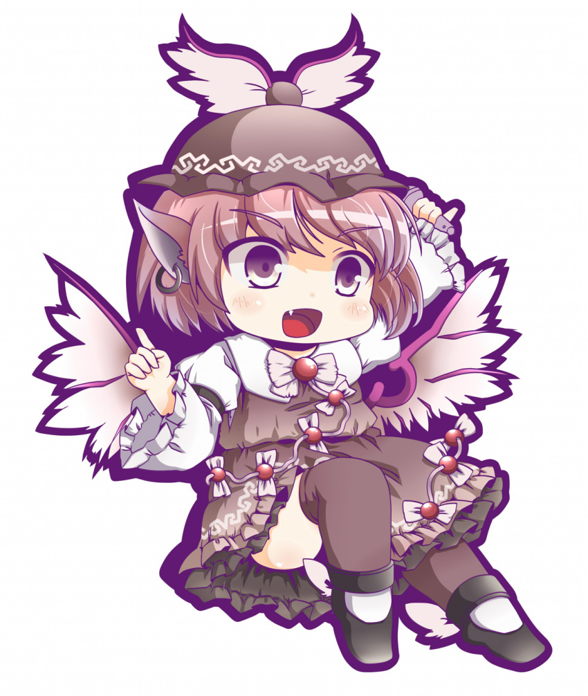 1girl animal_ears ass bird_ears bird_wings black_footwear blush brown_dress brown_headwear brown_thighhighs dnk dress earrings fang frilled_dress frilled_sleeves frills full_body grey_eyes hat highres holding holding_microphone jewelry long_sleeves microphone mystia_lorelei open_mouth pink_hair shoes short_hair simple_background single_earring sleeve_garter smile solo thighhighs touhou white_background white_wings wide_sleeves winged_footwear winged_hat wings