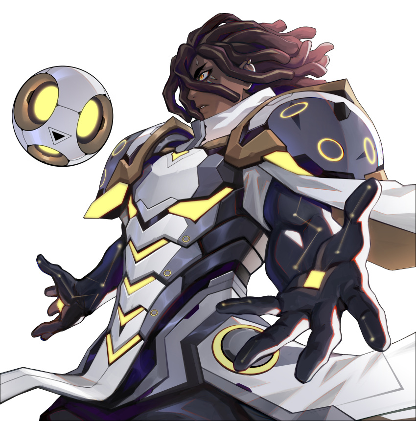 1boy absurdres armor artist_request atlas_(omega_strikers) ball black_gloves brown_hair cape dark-skinned_female dark_skin dreadlocks floating floating_ball foreshortening gloves highres non-web_source official_art omega_strikers orange_eyes parted_lips pauldrons serious shoulder_armor solo white_armor