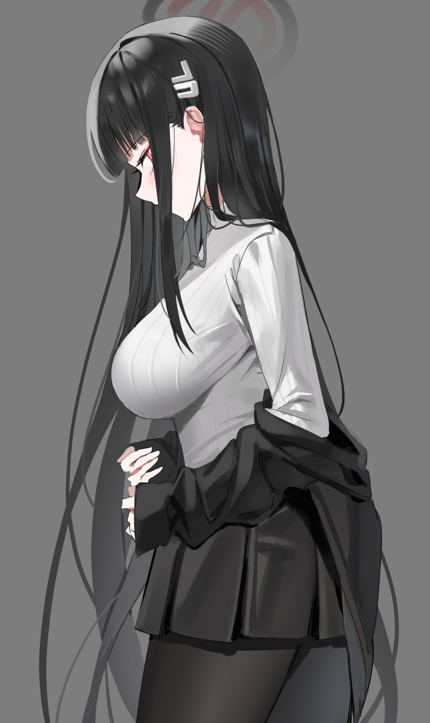 1girl absurdres black_hair black_jacket black_pantyhose black_skirt blazer blue_archive blunt_bangs blush breasts educk grey_background halo highres jacket jacket_partially_removed large_breasts long_hair looking_at_viewer pantyhose pleated_skirt profile red_eyes ribbed_sweater rio_(blue_archive) sideways_glance simple_background skirt solo straight_hair sweater taut_sweater turtleneck turtleneck_sweater very_long_hair white_sweater