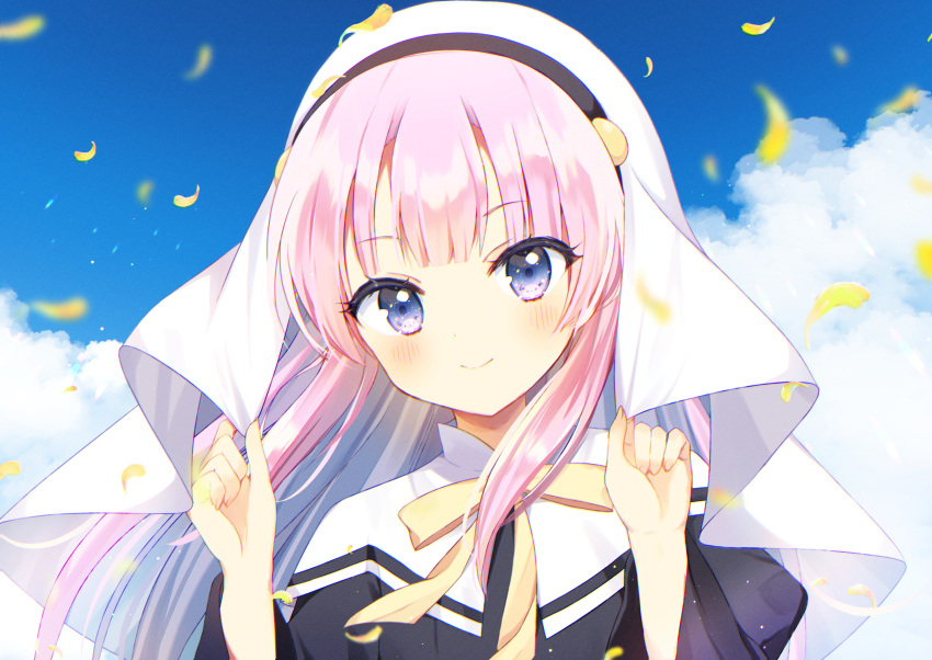 1girl absurdres aiyan black_dress blue_eyes blue_sky blunt_bangs blurry blush clenched_hands closed_mouth cloud commentary_request day depth_of_field dress eyelashes eyes_visible_through_hair falling_petals fingernails floating_hair hands_up head_tilt highres kamisama_ni_natta_hi long_hair long_sleeves looking_at_viewer nun outdoors petals pink_hair satou_hina_(kamisama_ni_natta_hi) sidelocks sky smile solo straight-on straight_hair variant_set very_long_hair white_headwear wide_sleeves yellow_eyes