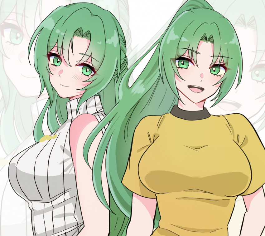 2girls bare_shoulders blush breasts cowboy_shot green_eyes green_hair highres higurashi_no_naku_koro_ni large_breasts long_hair multiple_girls multiple_views ponytail ribbed_sweater shirt siblings simple_background sleeveless sleeveless_sweater smile sonozaki_mion sonozaki_shion sweater teeth turtleneck turtleneck_sweater twins upper_body upper_teeth_only white_background white_sweater yellow_shirt yuno_ff zoom_layer