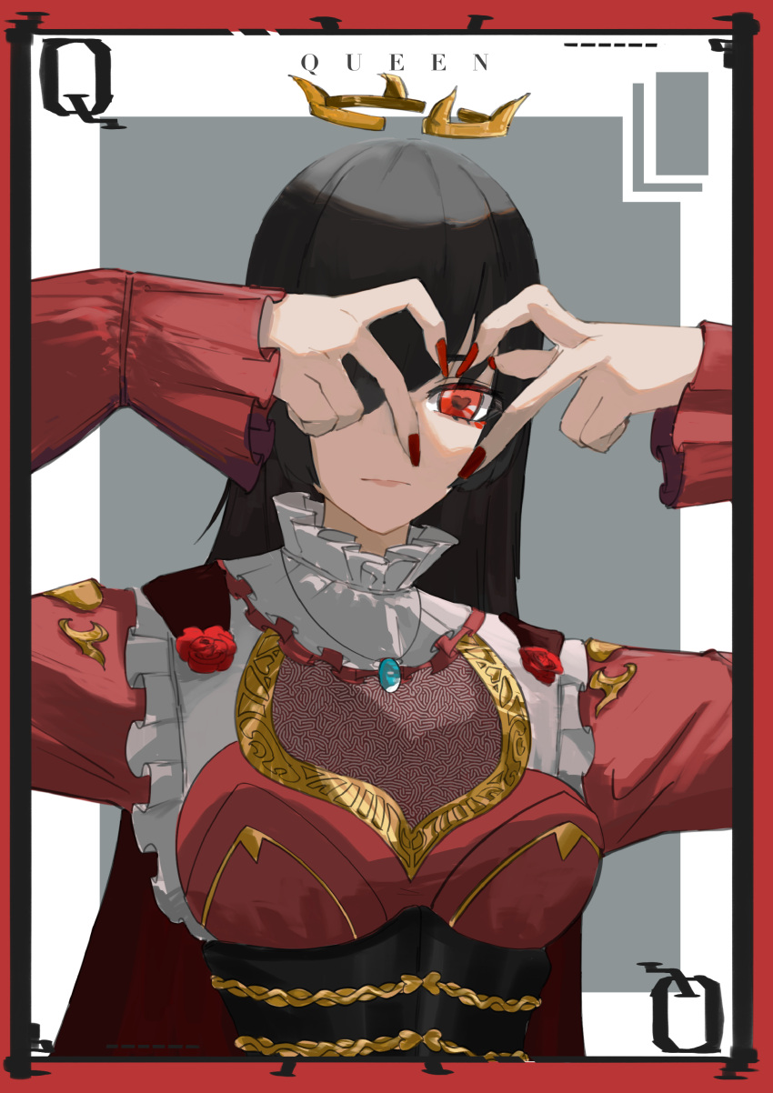 1girl absurdres black_hair card card_(medium) collar commentary_request corset expressionless fingernails floating_crown flower frilled_collar frills hair_over_one_eye hands_up heart heart-shaped_pupils heart_hands heart_hands_over_eye highres jewelry long_fingernails long_hair long_sleeves looking_at_viewer nail_polish necklace original pendant playing_card queen_(playing_card) red_eyes retokoshi rose solo symbol-shaped_pupils upper_body