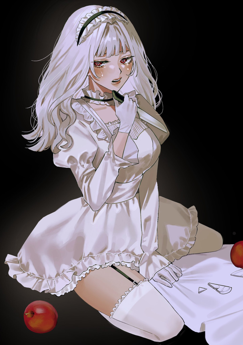 1girl apple black_background blush breasts dress food fruit gloves hairband heart heart-shaped_pupils highres holding holding_knife knife lolita_hairband long_hair meu_oo open_mouth original red_eyes simple_background sitting solo symbol-shaped_pupils tears teeth thighhighs wariza white_dress white_gloves white_hair white_thighhighs