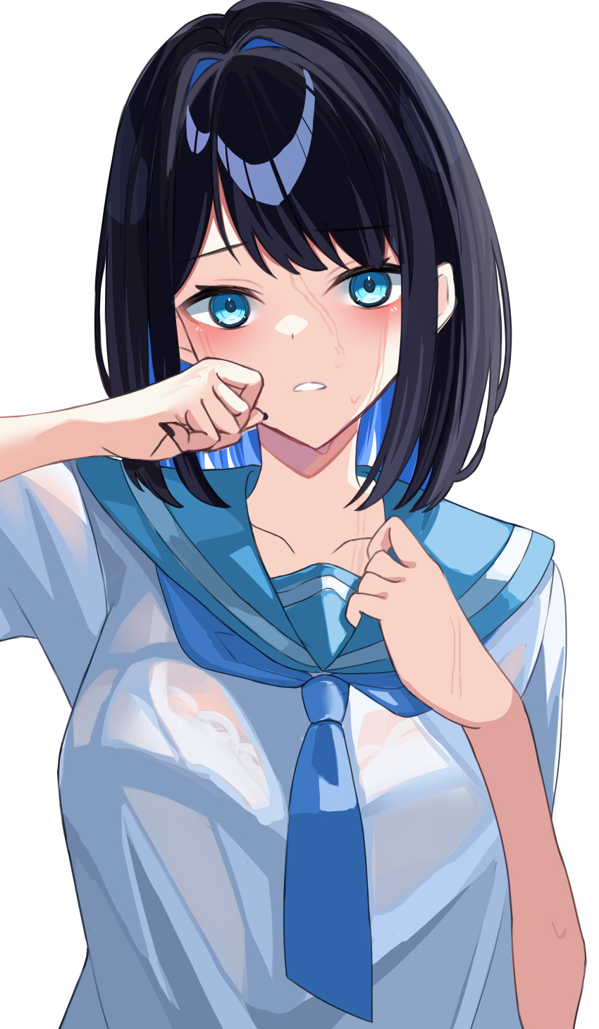 1girl absurdres arm_up asa_giki black_hair black_nails blue_eyes blush bra_visible_through_clothes breasts collar_tug collarbone colored_inner_hair commentary fingernails hand_on_own_face highres hot medium_breasts multicolored_hair original parted_lips sailor_collar school_uniform see-through see-through_shirt serafuku simple_background summer sweat sweaty_clothes uniform upper_body white_background