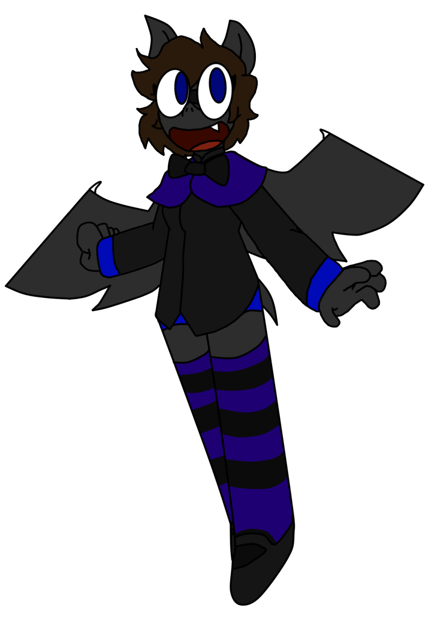 2019 anthro apollysabyss bat biped black_bow_tie black_clothing blue_clothing blue_eyes bow_tie breasts brown_hair clothing eyelashes fangs female fur grey_body grey_clothing grey_ears grey_fur grey_wings hair hi_res legwear mammal marci_(apollysabyss) multicolored_clothing open_mouth open_wings pattern_clothing solo striped_clothing stripes teeth topwear trans_(lore) trans_woman_(lore) two_tone_clothing wings