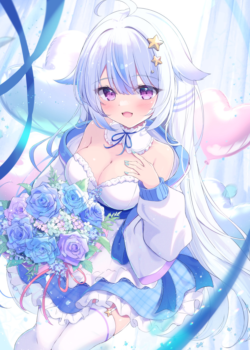 1girl ahoge balloon bare_shoulders blue_flower blue_nails blue_ribbon blue_sash blush bouquet collar detached_collar dress fang feet_out_of_frame flower frilled_collar frilled_dress frills from_above garter_straps hair_between_eyes hair_flaps hair_ornament hand_on_own_chest hand_up heart_balloon highres holding jacket long_hair long_sleeves looking_at_viewer mikaze_oto multicolored_clothes multicolored_hair multicolored_jacket nail_polish neck_ribbon off_shoulder open_mouth pink_eyes plaid ribbon rose sash short_dress skin_fang smile solo star_(symbol) star_hair_ornament strapless strapless_dress streaked_hair thighhighs tongue two-tone_jacket uchuno_yuru very_long_hair virtual_youtuber vocaloid vsinger white_dress white_hair white_jacket white_thighhighs