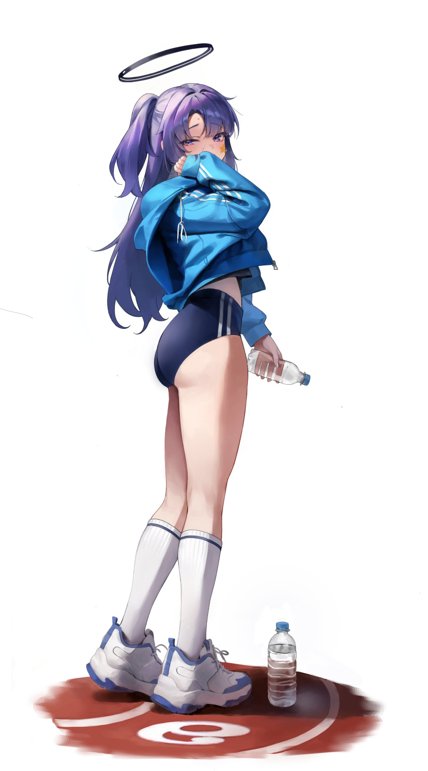 1girl absurdres black_buruma blue_archive blue_jacket bottle buruma choisd4516 facial_tattoo from_side full_body gym_uniform halo hand_up highres holding holding_bottle jacket kneehighs long_hair long_sleeves looking_at_viewer official_alternate_costume one_side_up open_clothes open_jacket purple_eyes purple_hair shoes simple_background socks standing star_tattoo sweat tattoo white_background white_footwear white_socks yuuka_(blue_archive) yuuka_(track)_(blue_archive) zipper_pull_tab