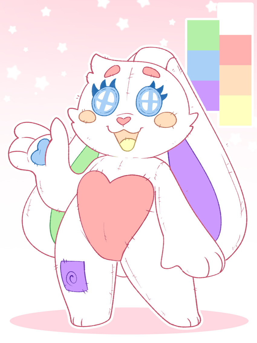 &lt;3 2023 animate_inanimate anthro blush blush_stickers button_eyes eyebrows eyelashes female fur heart_nose hi_res lagomorph leporid living_plushie long_ears mammal paws plushie quilt_(squitoo) rabbit smile solo standing stiches tongue unclecucky white_body white_fur yellow_tongue