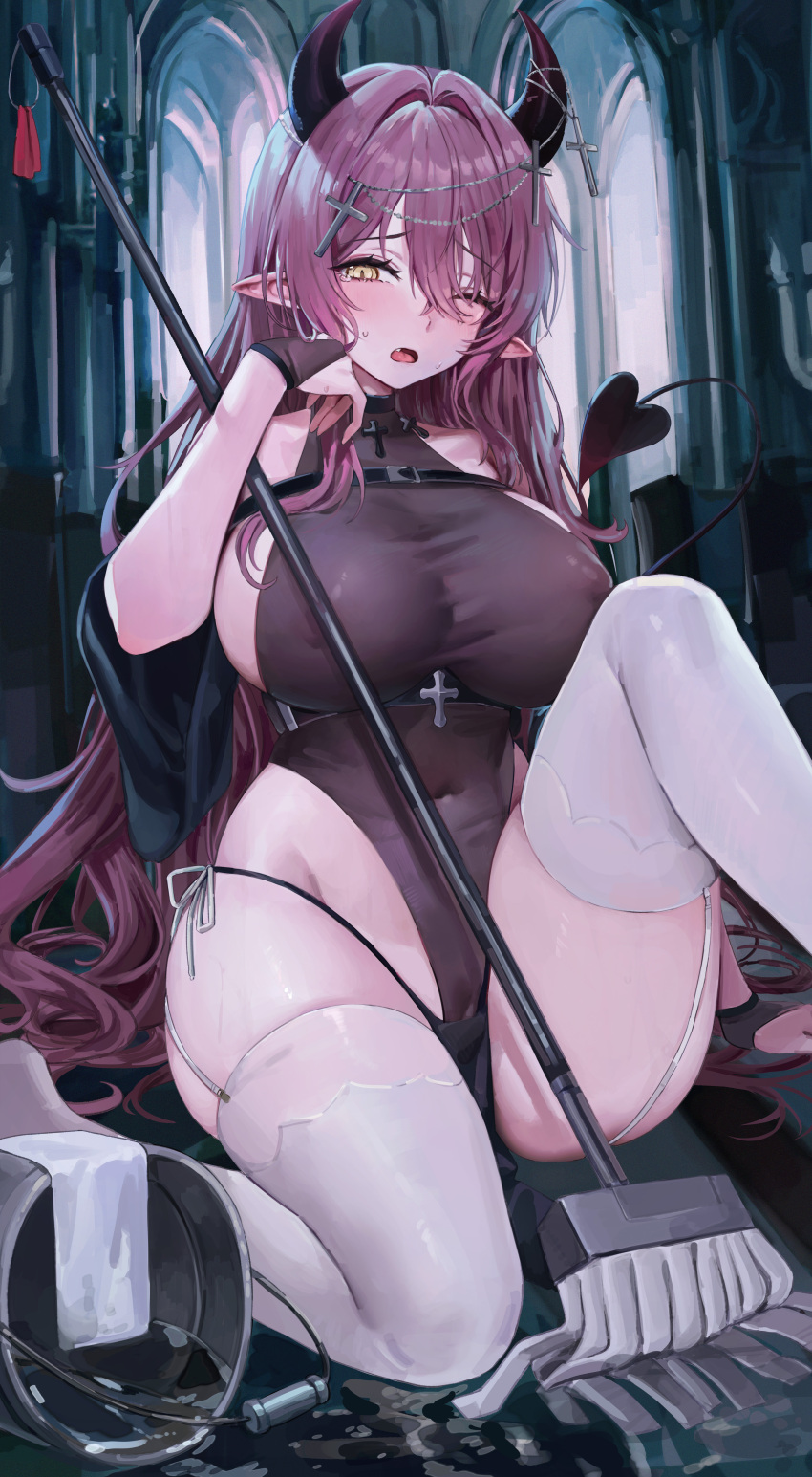 1girl absurdres black_leotard blush breasts broom commission covered_navel covered_nipples cross demon_girl demon_horns demon_tail garter_straps gompang_11 hair_ornament highleg highleg_leotard highres horn_ornament horns large_breasts latin_cross leotard looking_at_viewer one_eye_closed open_mouth original pointy_ears purple_hair sideboob solo tail tearing_up thighhighs thighs white_garter_straps white_thighhighs yellow_eyes