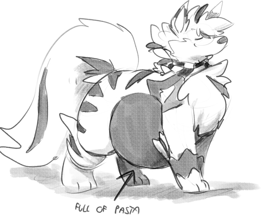 2023 all_fours arcanine arlean_(raster_dreams) belly big_belly black_and_white chest_tuft digital_drawing_(artwork) digital_media_(artwork) ears_up eyes_closed feral generation_1_pokemon hi_res monochrome nintendo pokemon pokemon_(species) raster_dreams scarf simple_background solo tuft