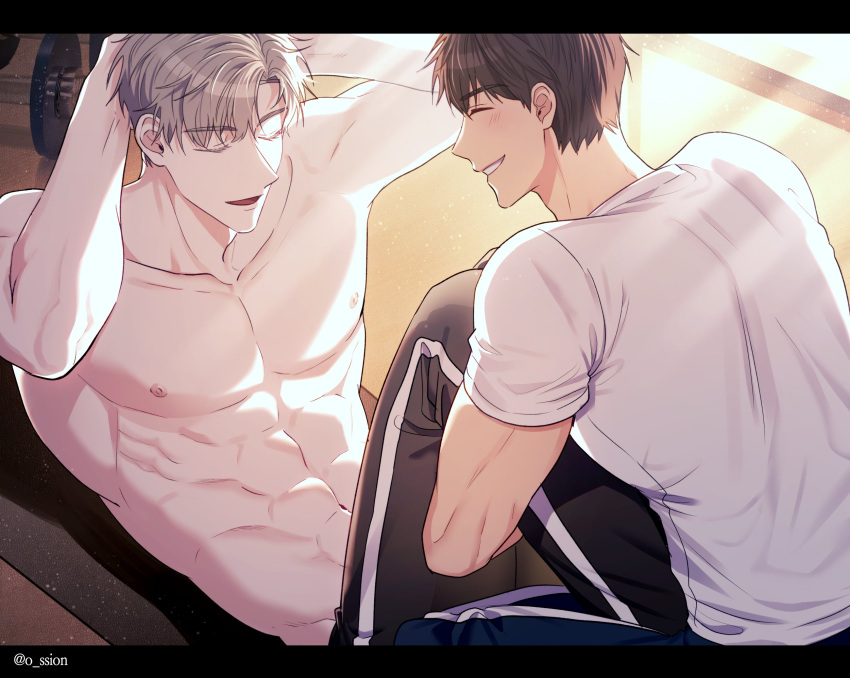 2boys abs blush brown_hair closed_eyes dumbbell exercise highres holding_another's_leg ilay_riegrow jeong_taeui male_focus multiple_boys nipples o_ssion open_mouth passion_(manhwa) pectorals sit-up smile white_hair yaoi