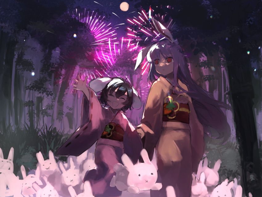 2girls :d :x aerial_fireworks alternate_costume animal_ears black_hair black_sky carrot_pin closed_eyes closed_mouth commentary commeowdore english_commentary expressionless feet_out_of_frame fireworks flat_chest floppy_ears forest full_moon highres holding_hands inaba_mob_(touhou) inaba_tewi japanese_clothes kimono long_hair long_sleeves medium_bangs moon multiple_girls nature night night_sky obi open_mouth outdoors pink_kimono purple_hair rabbit rabbit_ears rabbit_girl red_eyes red_sash reisen_udongein_inaba sash short_hair sky smile star_(sky) starry_sky touhou tree very_long_hair waving wide_sleeves