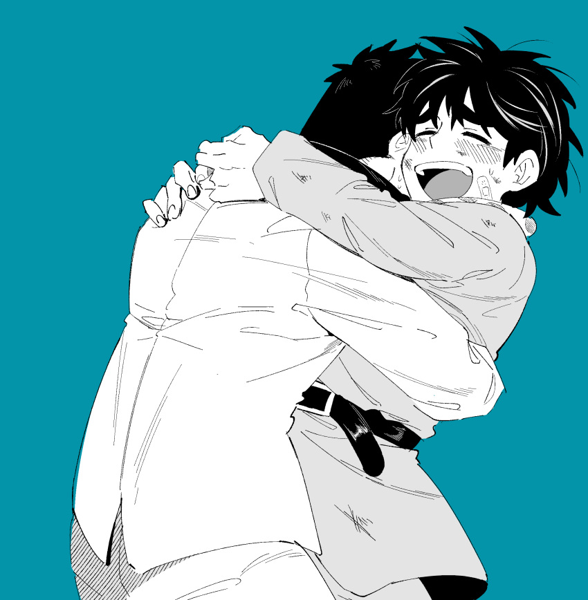 2boys :d atsuize_pen-chan bandaid bandaid_on_cheek bandaid_on_face belt blue_background blush closed_eyes coat commentary_request cowboy_shot greyscale_with_colored_background highres hug inudori long_sleeves male_focus medium_bangs multiple_boys open_mouth short_hair simple_background smile teeth upper_teeth_only watanabe_yuuichi yamazaki_(atsuize_pen-chan)