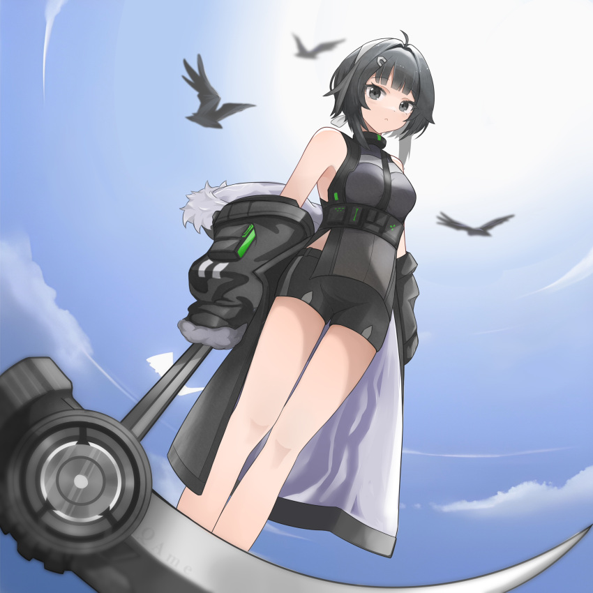 1girl absurdres ahoge arknights bird black_eyes black_hair black_shirt black_shorts blue_sky breasts crow feet_out_of_frame from_behind fur-trimmed_jacket fur_trim hair_intakes hair_ornament hairclip highres holding holding_scythe jacket jiuyu_qame la_pluma_(arknights) long_sleeves off_shoulder open_clothes open_jacket outdoors quill scythe shirt short_hair shorts sickle sky sleeveless sleeveless_shirt small_breasts solo