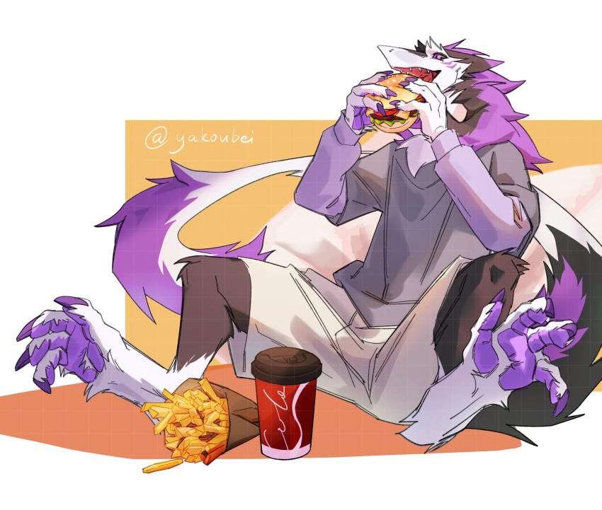 2023 anthro bottomwear burger clothed clothing eating food fries hi_res male sergal shirt shorts simple_background sitting soda_cup solo topwear yakoubei