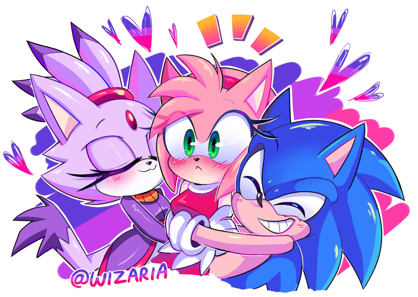 1boy 2girls amy_rose blaze_the_cat blue_fur blush cat_girl cat_tail closed_eyes eyelashes forehead_jewel gloves gold_necklace green_eyes group_hug heart highres hug jacket jewelry multiple_girls necklace pink_fur ponytail purple_jacket smirk sonic_(series) sonic_the_hedgehog tail wizaria yuri