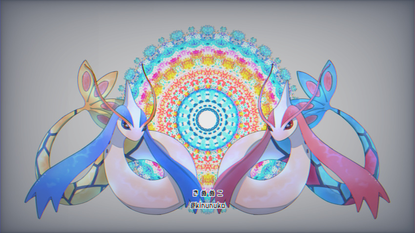 alternate_color animal_focus artist_name black_eyes blue_sclera bright_pupils chromatic_aberration colored_sclera commentary_request full_body highres kinunuko milotic multicolored_background no_humans partial_commentary pokemon pokemon_(creature) red_sclera shiny_and_normal shiny_pokemon symmetry twitter_username watermark white_pupils