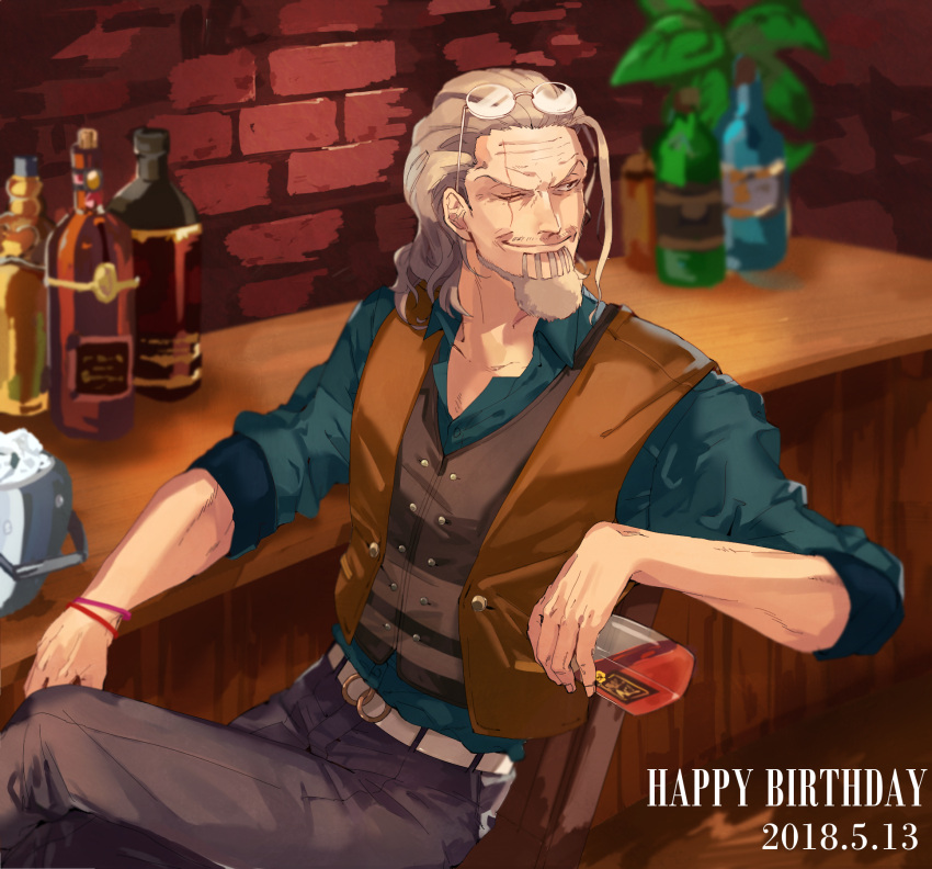 1boy alcohol beard belt black_pants blue_shirt bottle bracelet brick_wall brown_eyes brown_vest buttons closed_mouth collarbone counter dated eyewear_on_head facial_hair grey_hair happy_birthday highres holding holding_bottle jewelry male_focus mirin_(coene65) mustache_stubble old old_man one_eye_closed one_piece pants scar scar_across_eye shirt silvers_rayleigh sitting solo vest whiskey white_belt wrinkled_skin