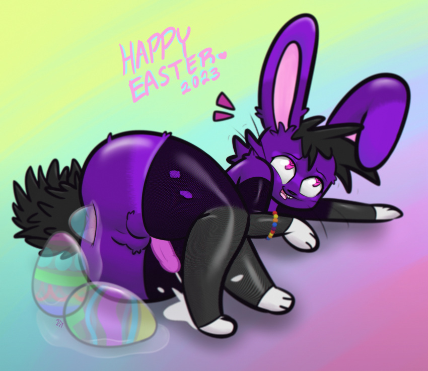 ahegao anthro balls clothing easter easter_egg egg egg_in_ass egg_insertion ejaculation eye_roll fishnet fur gaping genitals hi_res holidays lagomorph legwear leporid looking_pleasured lying male mammal on_side oviposition pink_eyes purple_body purple_fur rabbit sex_toy solo stockings teasnapple thigh_highs translucent transparent_sex_toy