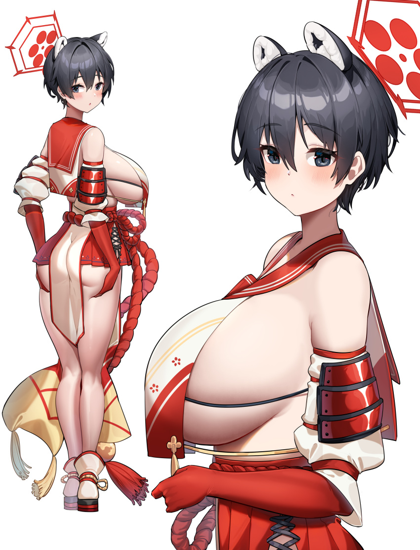 1girl :o absurdres animal_ears ass black_hair blue_archive breasts chinese_clothes couter hair_between_eyes halo highres huge_breasts looking_at_viewer multiple_views open_mouth pelvic_curtain red_halo sailor_collar sandals short_hair shuibo sideboob simple_background solo tsubaki_(blue_archive) white_background