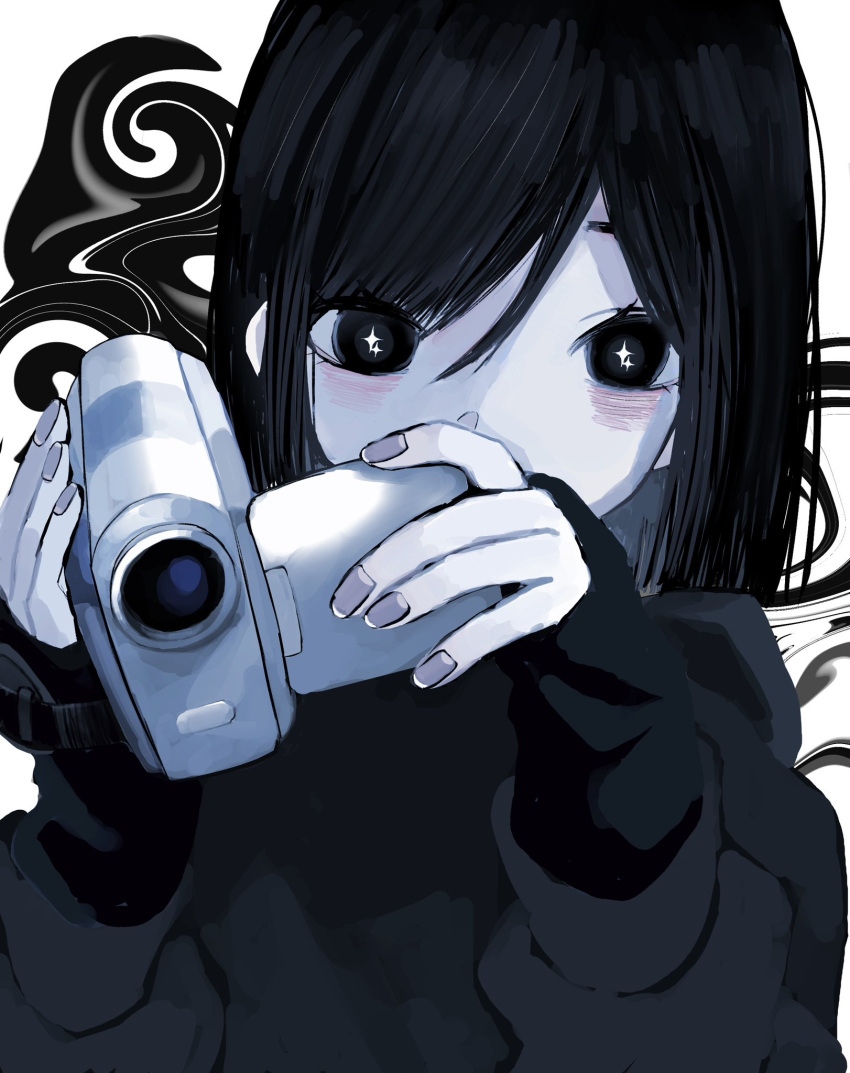 1girl black_eyes black_hair black_sweater camcorder camera covered_mouth hands_up highres holding holding_camera long_sleeves looking_at_viewer medium_hair nail_polish original pale_skin solo sparkling_eyes straight_hair sweater swept_bangs upper_body urokogaran video_camera