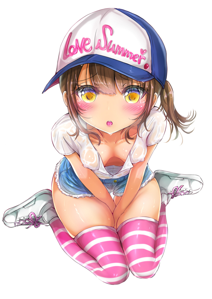 1girl absurdres baseball_cap between_legs blue_eyes blue_headwear blue_shorts blush breasts brown_hair clothes_writing collarbone commentary_request covered_nipples cross-laced_footwear denim denim_shorts downblouse embarrassed english_text hand_between_legs hat have_to_pee heart highres looking_at_viewer medium_hair multicolored_eyes ninyo_(user_pddg5877) nipples no_bra open_mouth original own_hands_together pink_thighhighs ponytail raised_eyebrows saliva see-through see-through_shirt shiny_skin shirt shoes short_shorts short_sleeves shorts sidelocks simple_background skindentation small_breasts solo striped striped_thighhighs tears teeth thighhighs thighs tongue v_arms wet wet_clothes wet_shirt white_background white_footwear white_shirt yellow_eyes