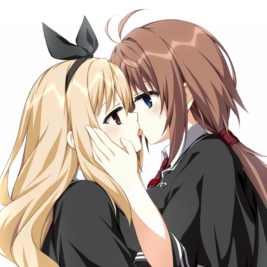 2girls antenna_hair aroused asagi_nanami black_capelet black_ribbon blonde_hair blue_eyes blush breast_press breasts brown_eyes brown_hair capelet close-up closed_eyes commentary_request eye_contact eyebrows_hidden_by_hair eyelashes french_kiss from_side hair_between_eyes hair_ribbon hand_on_another's_cheek hand_on_another's_face highres kiss large_breasts long_hair looking_at_another low_ponytail multiple_girls necktie parted_lips profile red_necktie ribbon saliva school_uniform sidelocks simple_background tsui_no_sora_(remake) wakatsuki_kotomi white_background yokoyama_yasuko yuri