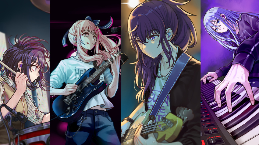 1other 25-ji_nightcord_de._(project_sekai) 3girls akiyama_mizuki androgynous asahina_mafuyu asymmetrical_sleeves band bass_guitar black_background black_jacket blue_background blue_eyes blue_hair blue_pants blue_ribbon brown_eyes brown_hair brown_vest cable chain chaos1402 closed_mouth clothes_writing collared_shirt column_lineup commentary_request cowboy_shot double-parted_bangs drum drum_set drumsticks earpiece electric_guitar fingernails gradient_background grey_background guitar hair_between_eyes hair_over_shoulder hair_ribbon highres holding holding_drumsticks holding_guitar holding_instrument instrument jacket keyboard_(instrument) light_blue_hair long_bangs long_hair long_sleeves looking_ahead looking_at_object looking_to_the_side microphone midriff_peek multiple_girls music open_clothes open_jacket pants partial_commentary pink_eyes pinstripe_pattern pinstripe_shirt playing_instrument pocket ponytail project_sekai purple_background purple_eyes purple_hair purple_jacket ribbon serious shinonome_ena shirt short_hair short_sleeves side_ponytail single_stripe smile strap striped striped_jacket sweat t-shirt tongue tongue_out track_jacket two-tone_ribbon uneven_sleeves upper_body very_sweaty vest white_ribbon white_shirt yellow_background yoisaki_kanade