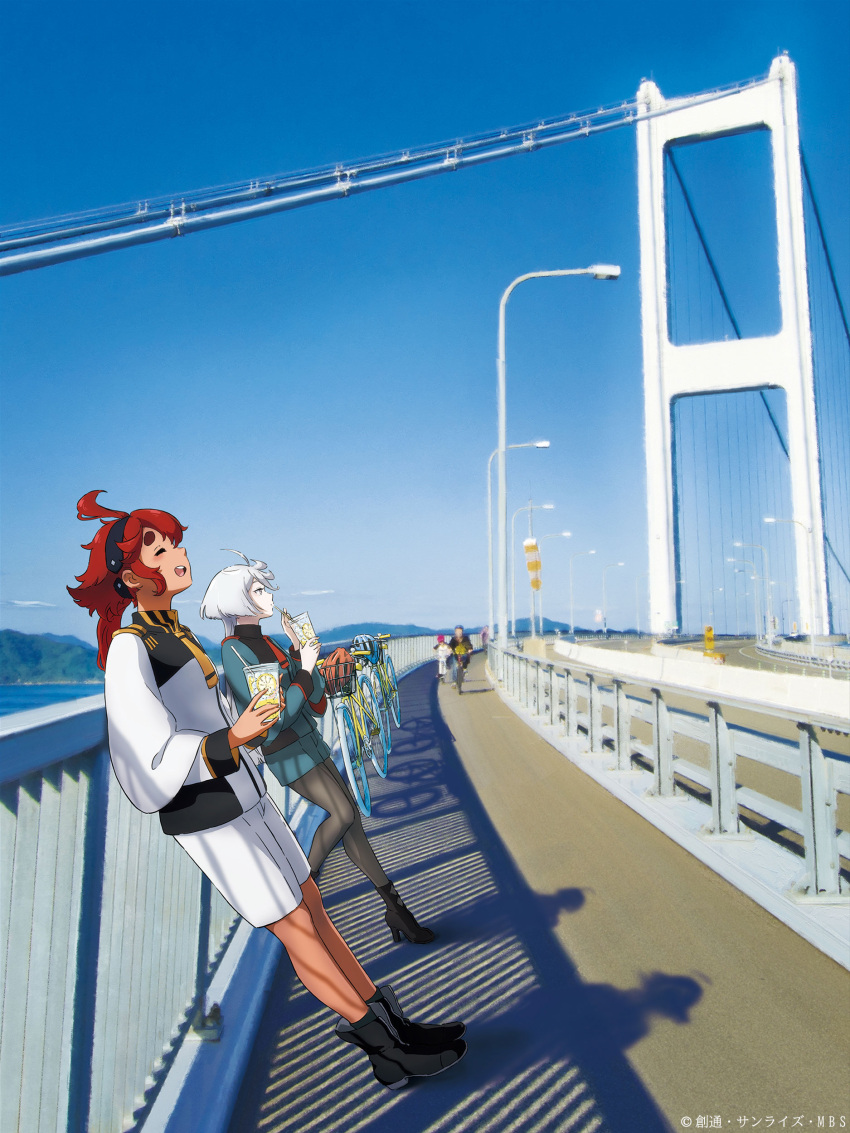 2girls absurdres ahoge artist_request asticassia_school_uniform bicycle black_footwear blue_sky boots bridge closed_eyes copyright cup from_side gundam gundam_suisei_no_majo hairband highres holding holding_cup landscape leaning leaning_on_object miorine_rembran multiple_girls official_art outdoors pantyhose photo_background red_hair school_uniform shadow sky suletta_mercury white_hair