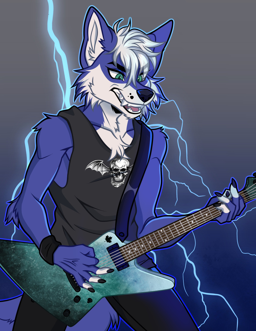 absurd_res anthro avenged_sevenfold blue_body blue_fur bluu_foxx bottomwear canid canine clothed clothing denim denim_bottomwear denim_clothing electricity fox fur green_eyes guitar hair hi_res humanoid hybrid jeans lightning male mammal metal musical_instrument pants plucked_string_instrument rainbow_six:_siege skinny slim solo solo_focus string_instrument tail unknown_artist white_body white_fur white_hair