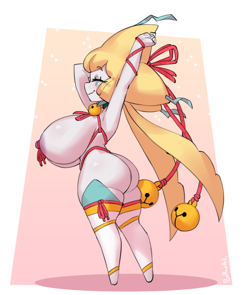 anthro areola bell big_breasts big_butt blonde_hair borvar breasts butt eyes_closed female generation_3_pokemon hair hi_res huge_breasts jirachi legendary_pokemon nintendo nipples pokemon pokemon_(species) signature smile solo standing stretching text thick_thighs white_body