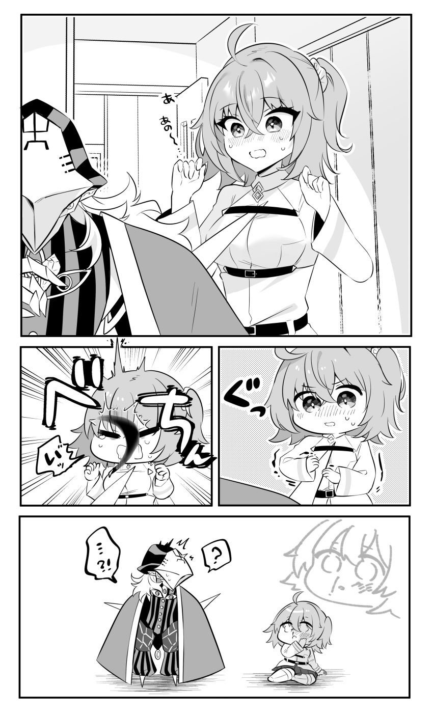 !? 1boy 1girl ? absurdres avicebron_(fate) bleeding blood blush breasts chibi commentary_request fate/grand_order fate_(series) fujimaru_ritsuka_(female) full_body greyscale hand_on_own_face highres long_hair mask medium_breasts monochrome nijiomu on_ground short_hair surprised