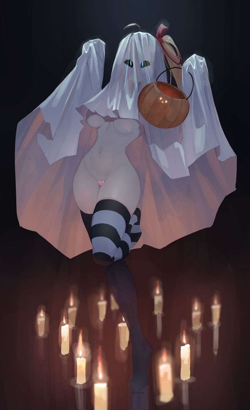1girl absurdres ahoge artist_name asymmetrical_legwear black_thighhighs blonde_hair breasts candle candlelight censored commentary eonsang food full_body ghost_costume girls'_frontline hair_ribbon hands_up heart heart_censor highres holding holding_food holding_pumpkin holding_vegetable kalina_(girls'_frontline) large_breasts leg_up navel pumpkin red_ribbon ribbon see-through_silhouette side_ponytail skindentation solo standing standing_on_one_leg striped striped_thighhighs symbol-only_commentary thighhighs underboob vegetable white_thighhighs