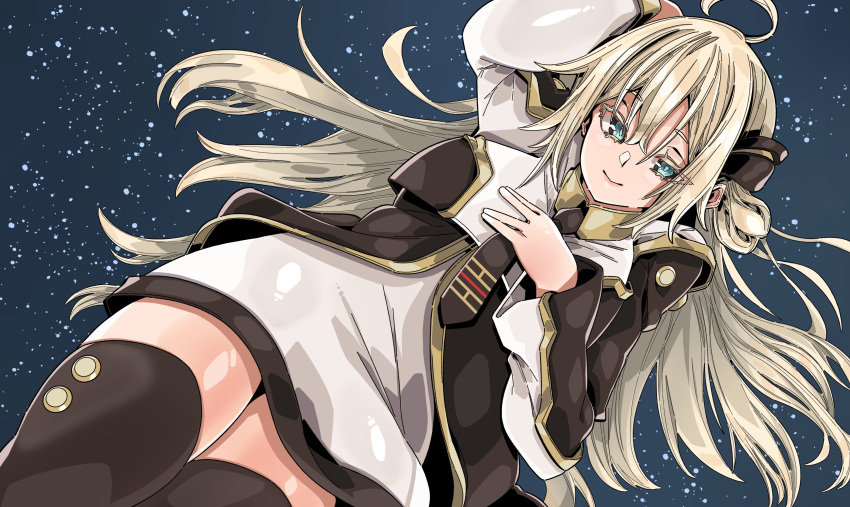 1girl absurdres ahoge black_necktie blonde_hair blue_eyes breasts collared_dress dress duel_monster highres kakutasu_1700 long_hair long_sleeves looking_at_viewer necktie sky_striker_ace_-_raye smile solo thighhighs two-tone_dress yu-gi-oh!