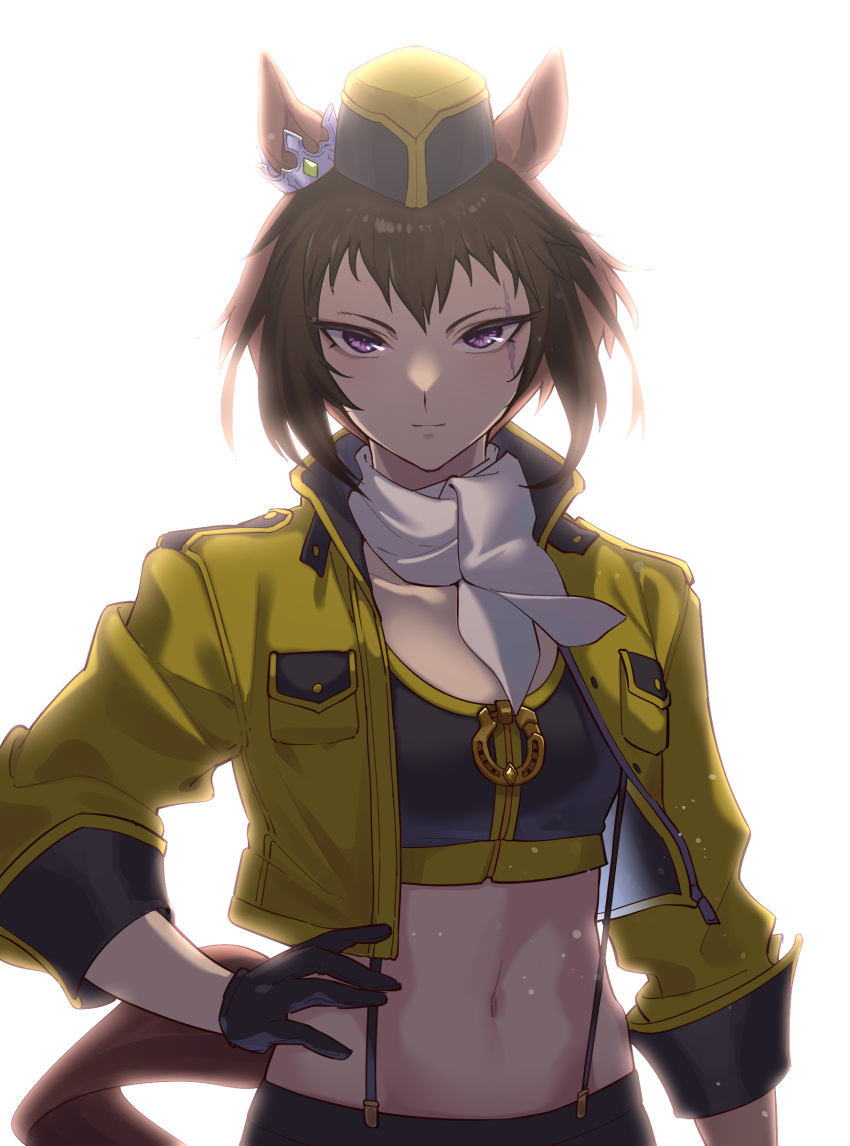 1girl absurdres animal_ears bangs black_gloves brown_hair byerley_turk_(umamusume) commentary_request crop_top cropped_jacket garrison_cap gloves hand_on_hip hat highres horse_ears jacket long_sleeves looking_at_viewer midriff miyoshi_(miyoshi_sikb) navel open_clothes open_jacket purple_eyes scar scar_across_eye short_hair simple_background solo stomach umamusume upper_body white_background yellow_jacket