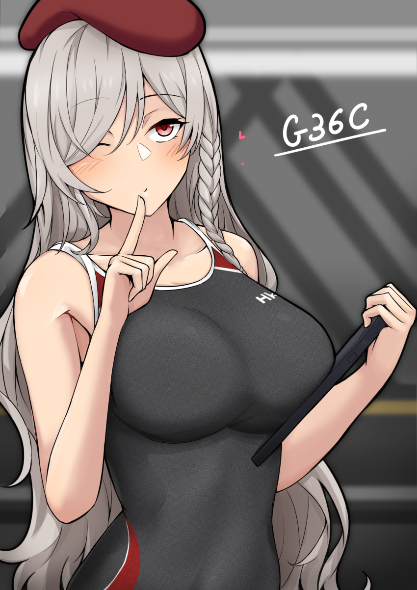 1girl bare_shoulders beret black_one-piece_swimsuit blush braid breast_press breasts commentary_request competition_swimsuit finger_to_mouth g36c_(girls'_frontline) girls'_frontline hair_between_eyes hat heart highres holding holding_tablet_pc large_breasts long_hair looking_at_viewer mosamosaobake multicolored_clothes multicolored_swimsuit one-piece_swimsuit one_eye_closed red_eyes red_headwear solo swimsuit tablet_pc