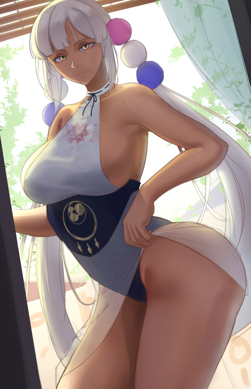 1girl absurdres ass backless_outfit bare_shoulders blonde_hair blue_leotard blunt_bangs breasts curtains curvy dark-skinned_female dark_skin hair_ornament halter_shirt halterneck highres hitagi_kujira hololive hololive_english kanikami large_breasts leotard light_brown_hair long_hair looking_at_viewer outdoors parted_bangs planet_hair_ornament see-through see-through_skirt shirt sideboob sidelocks skin_tight skirt smile solo thick_thighs thighs tsukumo_sana tsukumo_sana_(1st_costume) twintails underbust very_long_hair virtual_youtuber white_shirt yellow_eyes