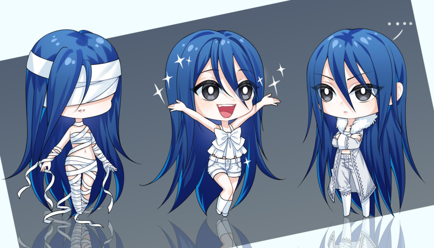 ... 1girl :/ :d bandaged_arm bandaged_chest bandaged_hand bandaged_head bandaged_leg bandages bare_arms black_eyes blue_hair boots bow camisole cang_yue_(tou_xing_jiuyue_tian) chibi coat covered_eyes crossed_arms frilled_camisole frills full_body fur-trimmed_coat fur_trim grey_background hair_between_eyes highres holding_own_arm knee_boots kumu_zaisheng long_hair multiple_views naked_bandage pants parted_lips reflection reflective_floor short_shorts shorts smile socks standing teeth tou_xing_jiuyue_tian upper_teeth_only v-shaped_eyebrows very_long_hair white_bow white_camisole white_coat white_footwear white_pants white_shorts white_socks