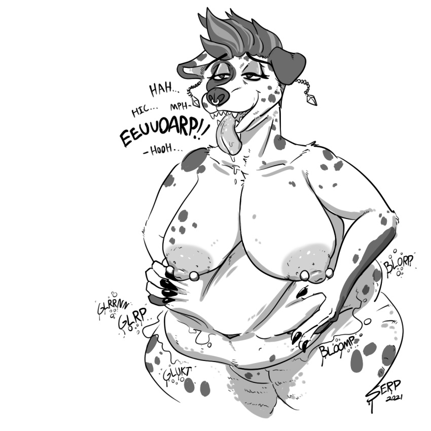 after_vore anthro anthro_pred areola big_areola big_breasts bloated bodily_fluids breasts burping button_ears canid canine canis cellulite dalmatian digestion digestion_noises domestic_dog ear_piercing facial_piercing female female_pred floppy_ears hi_res holding_belly huge_breasts long_tongue mammal narrowed_eyes navel nipple_piercing nipples nose_piercing nose_ring onomatopoeia overweight overweight_anthro overweight_female piercing ring_piercing sagging_breasts saliva serpentsaurus sharp_teeth solo sound_effects teeth text thick_thighs tongue tongue_out vore