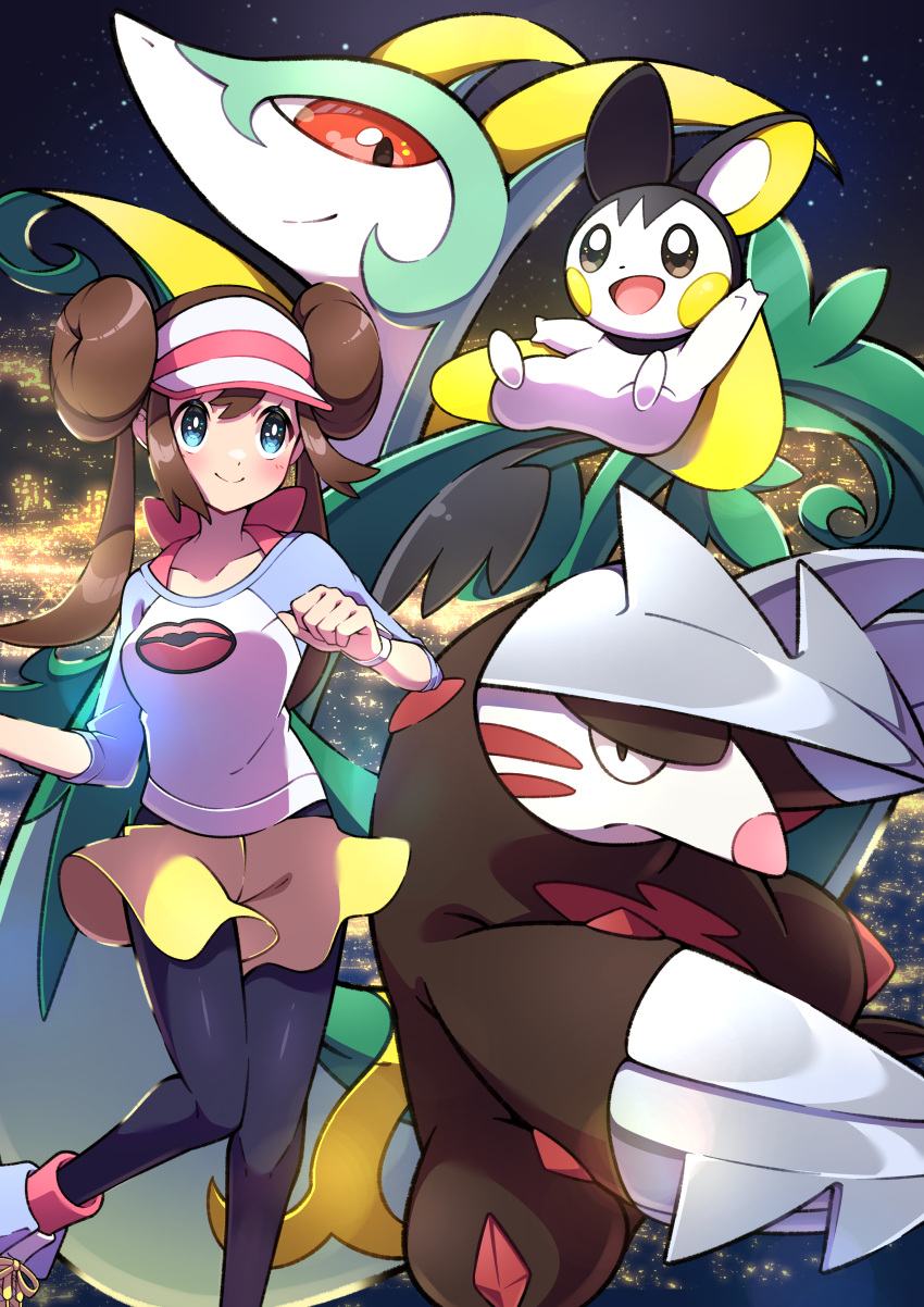 1girl absurdres black_pantyhose blue_eyes brown_hair commentary_request double_bun emolga excadrill flying_squirrel hair_between_eyes hair_bun highres legwear_under_shorts mole_(animal) off-shoulder_shirt off_shoulder pantyhose pantyhose_under_shorts pokemon pokemon_(creature) pokemon_(game) pokemon_bw2 pon_yui rosa_(pokemon) serperior shirt shorts sleeves_past_elbows snake squirrel swept_bangs twintails visor_cap