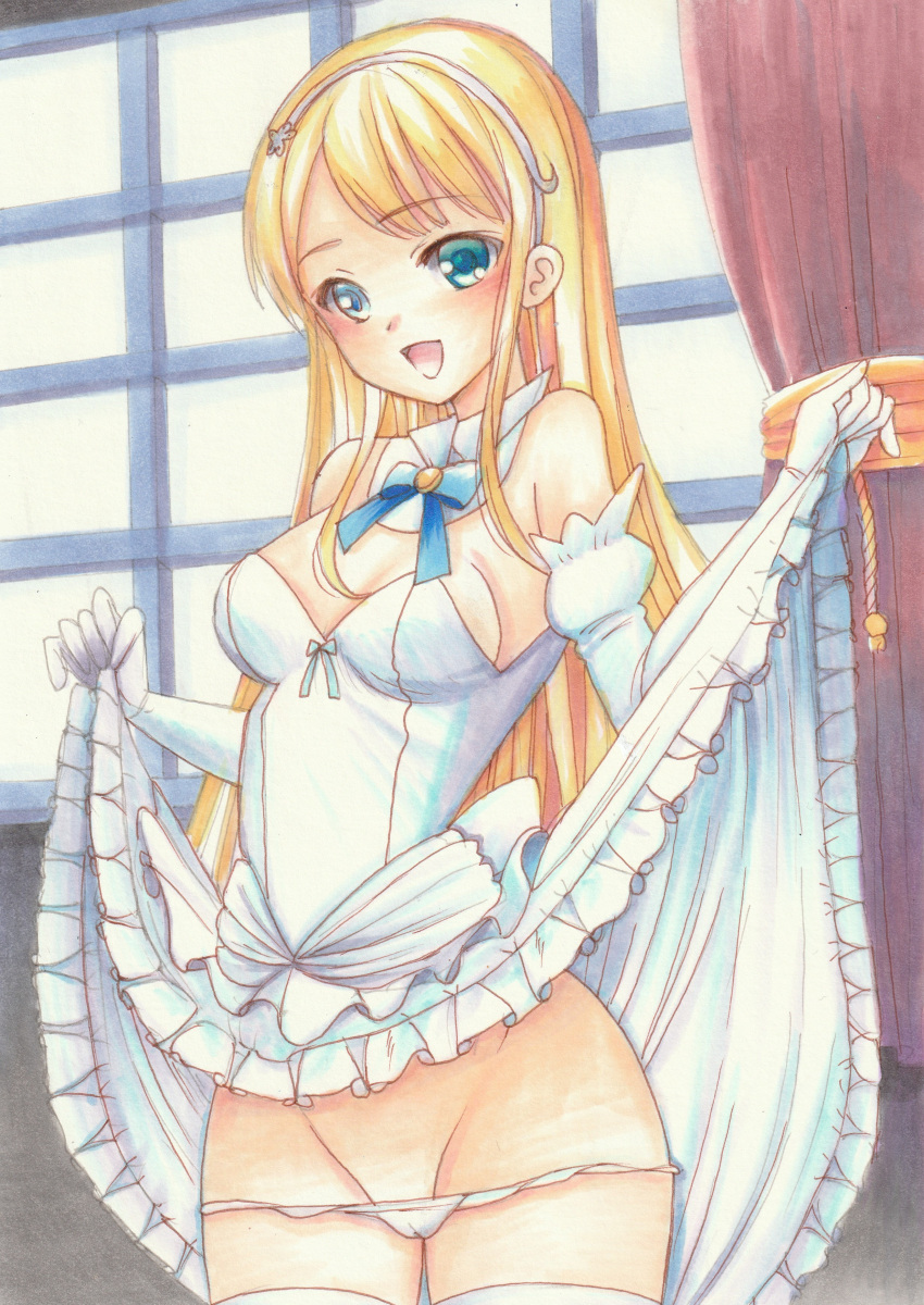 1girl absurdres bare_shoulders blonde_hair blue_eyes blush bra breasts clothes_lift collarbone commentary_request dress elbow_gloves gloves green_eyes hair_between_eyes hair_ornament highres isekai_wa_smartphone_to_tomo_ni. long_hair looking_at_viewer medium_breasts open_mouth panties princess simple_background skirt skirt_lift smile solo thighhighs thighs tomoeri underwear white_panties yumina_elnea_belfast