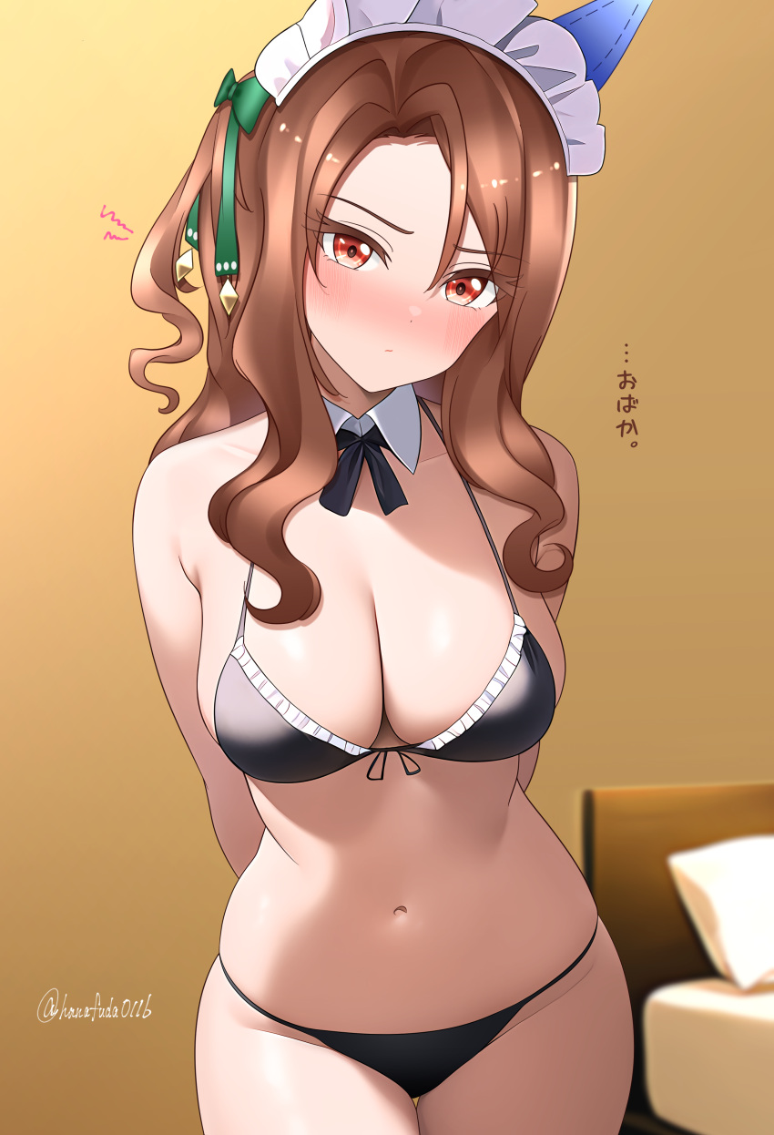 1girl absurdres alternate_costume animal_ears arms_behind_back bed bikini black_bikini black_ribbon blush bow breasts cleavage closed_mouth commentary_request cowboy_shot detached_collar ear_bow ear_covers embarrassed frilled_bikini frills front-tie_bikini_top front-tie_top green_bow hanafuda_(hanafuda0116) highres horse_girl indoors king_halo_(umamusume) large_breasts long_hair looking_at_viewer maid maid_bikini navel nose_blush pillow red_eyes ribbon solo squiggle swimsuit umamusume unconventional_maid