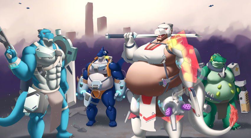 armor big_breasts breasts cetacean container crocodile crocodilian crocodylid dolphin dragon group gun hi_res intersex intersex/male jajaliu lostdragon_chen machine male mammal marine muscular obese oceanic_dolphin orca overweight ranged_weapon redremy(character) redremy7 reptile scalie toothed_whale weapon wide_hips xipu
