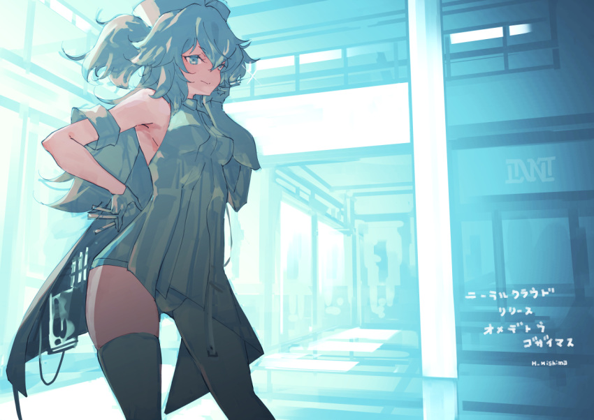 1girl armpits blue_dress blue_eyes blue_hair commentary_request cowboy_shot dress florence_(girls'_frontline_nc) girls'_frontline girls'_frontline_neural_cloud gloves hat indoors mishima_hiroji nurse_cap pa-15_(girls'_frontline) single_thighhigh solo thighhighs translation_request twitter_username