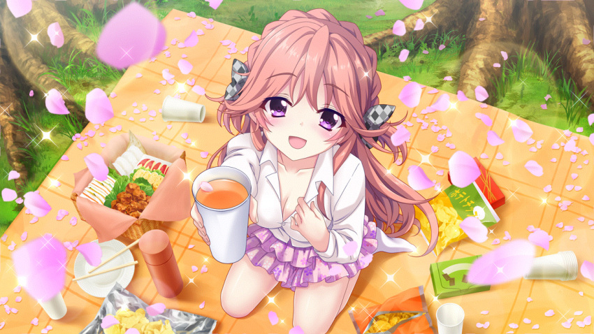 1girl blanket bow breasts cherry_blossoms chips_(food) chopsticks cleavage clothes_tug collarbone cup dot_nose drink film_grain foil food frilled_skirt frills from_above game_cg grass grey_bow haeno_akari hair_bow hanami incoming_drink izumi_tsubasu layered_skirt lens_flare long_hair looking_at_viewer medium_breasts non-web_source official_art on_ground open_mouth orange_hair outdoors petals picnic picnic_basket pink_skirt plaid plaid_bow plate potato_chips purple_eyes re:stage! shirt sitting skirt smile snack solo sparkle thermos tree two_side_up vegetable wariza white_shirt