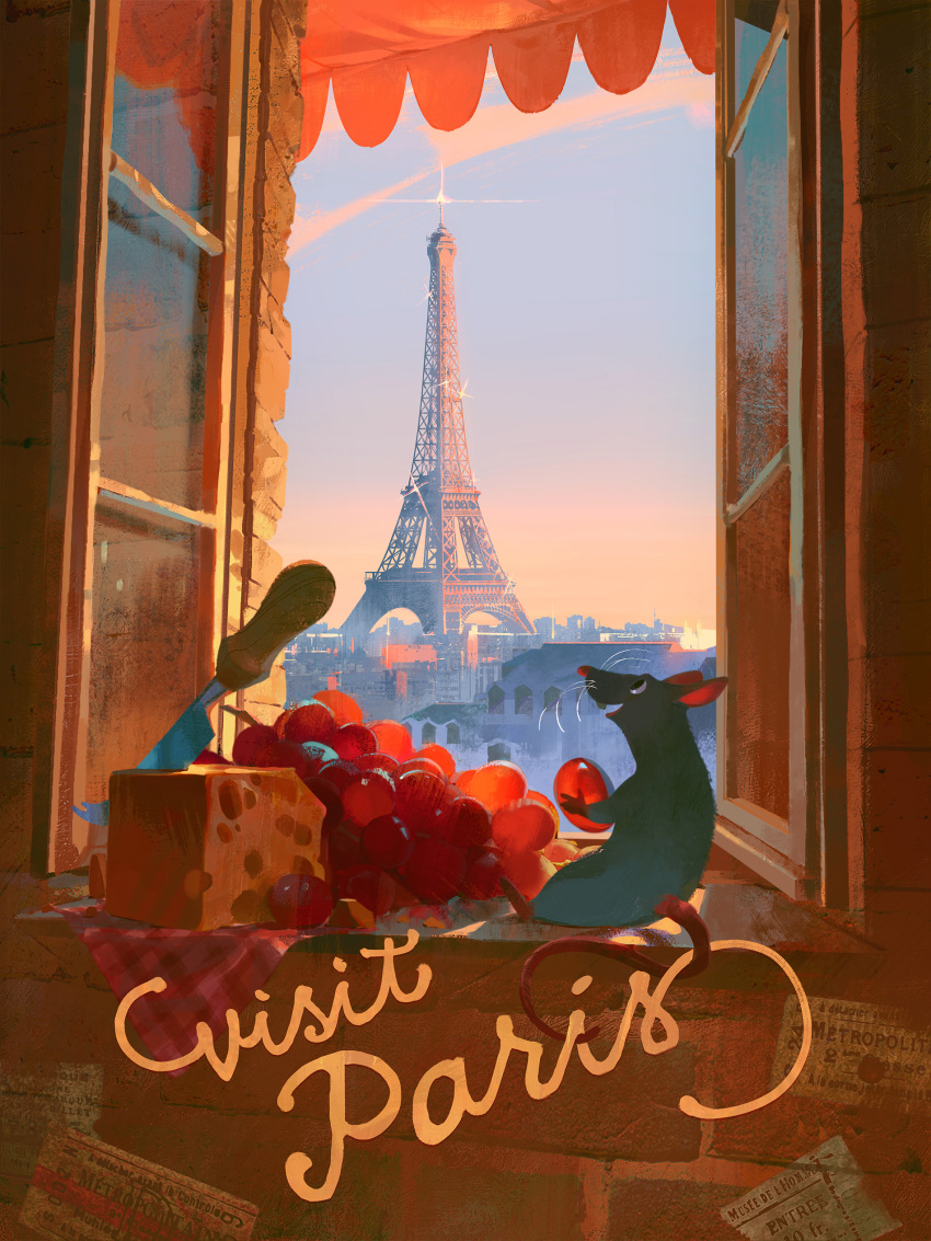 absurdres cheese city eiffel_tower food fruit grapes highres knife mouse pixiescout ratatouille remy_(ratatouille) sitting sky window