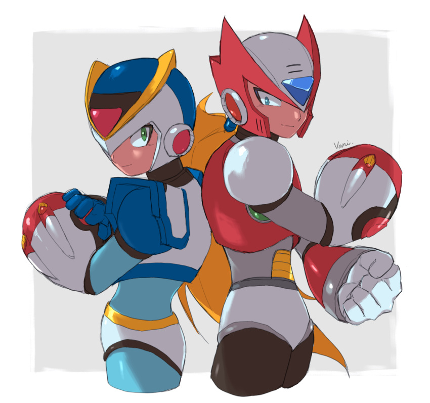 2boys arm_cannon armor back-to-back blonde_hair blue_eyes body_armor bodystocking first_armor_x_(mega_man) forehead_jewel from_side gauntlets gloves green_eyes helmet highres long_hair looking_at_another mega_man_(series) mega_man_x_(series) multiple_boys official_alternate_costume phfr3843 ponytail shoulder_armor weapon x_(mega_man) zero_(mega_man)