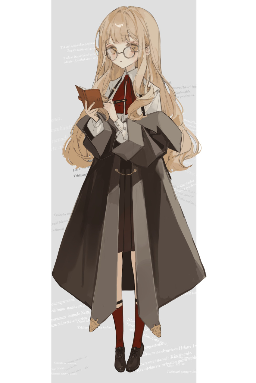 1girl absurdres black_footwear blonde_hair book coat colored_eyelashes full_body glasses highres holding holding_book kyuumura long_hair long_sleeves original pleated_skirt red_socks round_eyewear shirt shoes skirt socks solo standing white_shirt