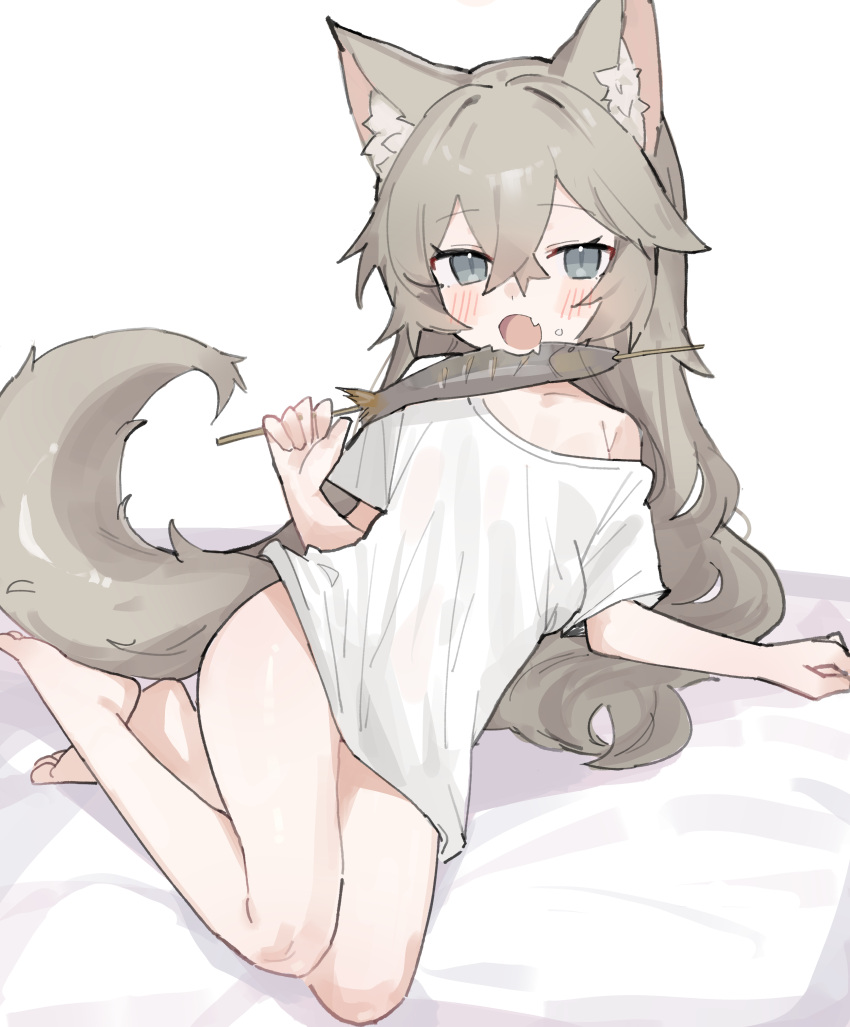 1girl absurdres animal_ear_fluff animal_ears bare_legs barefoot eating fenrir_(fenriluuu) fish food full_body grey_eyes grey_hair highres holding holding_skewer long_hair looking_at_viewer naked_shirt no_pants off_shoulder original oversized_clothes oversized_shirt second-party_source shirt short_sleeves simple_background skewer tail white_background white_shirt wolf_ears wolf_girl wolf_tail