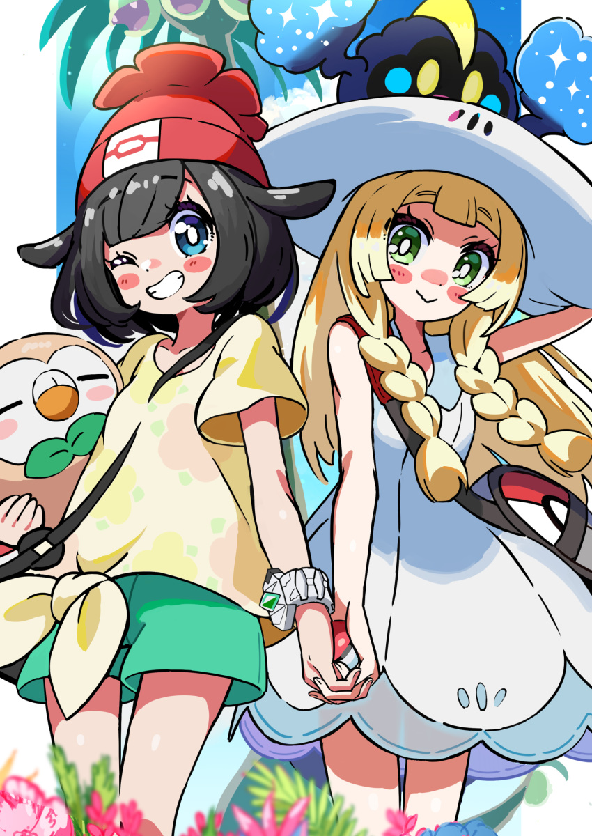 2girls :&gt; alolan_exeggutor bag beanie black_hair blue_eyes blush_stickers bracelet bright_pupils closed_mouth commentary_request cosmog dress duffel_bag eyelashes flower green_eyes green_shorts grin hat highres holding holding_hands holding_poke_ball holding_pokemon jewelry kingin lillie_(pokemon) looking_at_viewer multiple_girls one_eye_closed pink_flower poke_ball poke_ball_(basic) poke_ball_print pokemon pokemon_(creature) pokemon_sm red_headwear rowlet selene_(pokemon) shirt short_hair short_sleeves shorts sleeveless sleeveless_dress smile sun_hat t-shirt teeth tied_shirt white_dress white_headwear white_pupils yellow_shirt z-ring